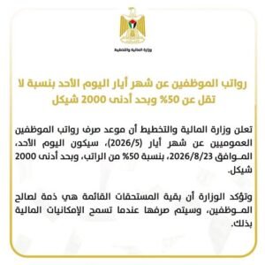 المالية: رواتب الموظفين عن شهر أيار اليوم الأحد بنسبة لا تقل عن 50%