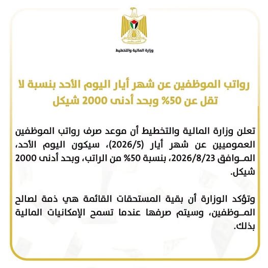 المالية: رواتب الموظفين عن شهر أيار اليوم الأحد بنسبة لا تقل عن 50%
